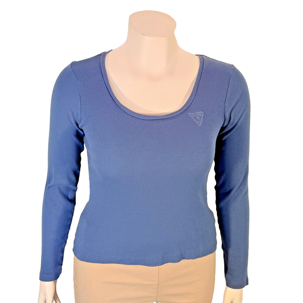 Guess Tee Shirt Womens L Smokey Blue Ribbed Scoop Neck Long Sleeve